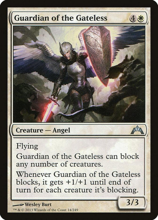 In the Gatecrash set, "Guardian of the Gateless [Gatecrash]" is a Magic: The Gathering card featuring an armored Creature Angel with a helmet, holding a glowing sword in one hand and a large shield in the other. Costing 4W, it has flying and can block any number of creatures, gaining +1/+1 for each blocked attacker.