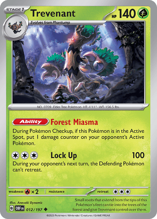 This uncommon trading card of Trevenant (012/197) [Scarlet & Violet: Obsidian Flames] by Pokémon depicts a menacing tree-like creature with red eyes among a dark forest background. The card details its abilities: "Forest Miasma" and "Lock Up," along with its HP (140), weaknesses, and evolution information.
