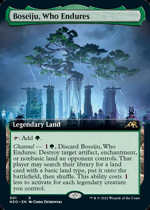 Boseiju, Who Endures (Extended Art) [Kamigawa: Neon Dynasty] is a Legendary Land card from Magic: The Gathering. It adds green mana and features a mystical forest scene with tall trees and glowing lights. Its Channel ability allows for the destruction of artifacts, enchantments, or nonbasic lands at a cost.