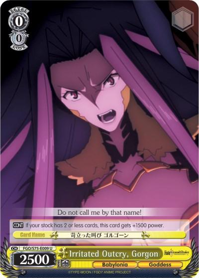 Bushiroad's Anime trading card featuring "Irritated Outcry, Gorgon (FGO/S75-E009 U) [Fate/Grand Order Absolute Demonic Front: Babylonia]" with an image of a fierce female character with long purple hair and glowing eyes, shouting with visible frustration. Special abilities and affiliations noted below.