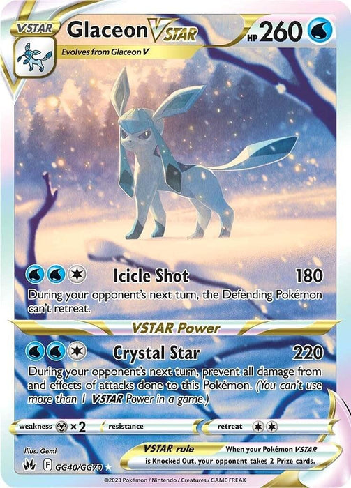 A Pokémon trading card featuring Glaceon VSTAR (GG40/GG70) [Sword & Shield: Crown Zenith] from the Pokémon collection. This Secret Rare, Ice-type Pokémon stands on snowy terrain, bathed in a mystical light with snowflakes around. The card details HP 260, attack moves "Icicle Shot" with 180 damage, "Crystal Star" with 220 damage.