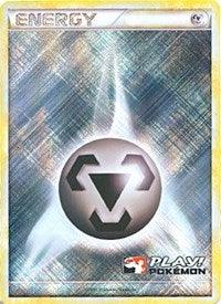 A ***Pokémon Metal Energy (2010 Play Pokemon Promo) [League & Championship Cards]*** card featuring a stylized, black metal energy symbol in the center, resembling an inverted triangle with three pointed segments. The background is a mix of metallic silver and blue hues with a radiant glow. This exclusive promo card also displays the "Play! Pokémon" logo in the bottom right corner.