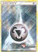 A ***Pokémon Metal Energy (2010 Play Pokemon Promo) [League & Championship Cards]*** card featuring a stylized, black metal energy symbol in the center, resembling an inverted triangle with three pointed segments. The background is a mix of metallic silver and blue hues with a radiant glow. This exclusive promo card also displays the "Play! Pokémon" logo in the bottom right corner.