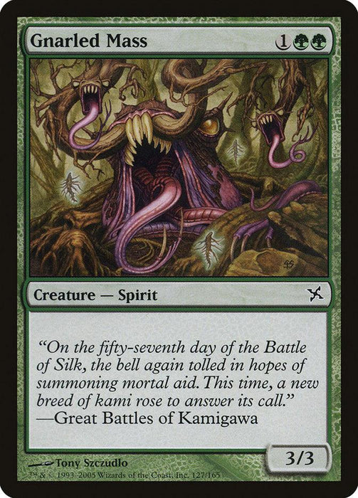 The image is a Magic: The Gathering card titled "Gnarled Mass [Betrayers of Kamigawa]" from the Magic: The Gathering set. It depicts a twisted, monstrous tree-like spirit with numerous gnarled branches and dark, eerie eyes. The card text reads: "On the fifty-seventh day of the Battle of Silk, the bell again tolled in hopes of summoning mortal aid. This time