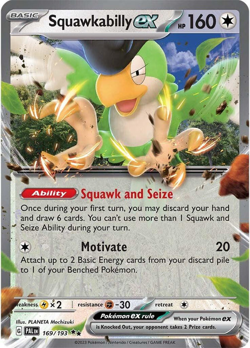 This image shows a Double Rare Pokémon card for Squawkabilly ex (169/193) [Scarlet & Violet: Paldea Evolved] from Pokémon. Squawkabilly is a green bird-like Pokémon with 160 HP and of Normal type. The card features abilities "Squawk and Seize," and "Motivate," numbered 169/193, including various gameplay stats and rules.