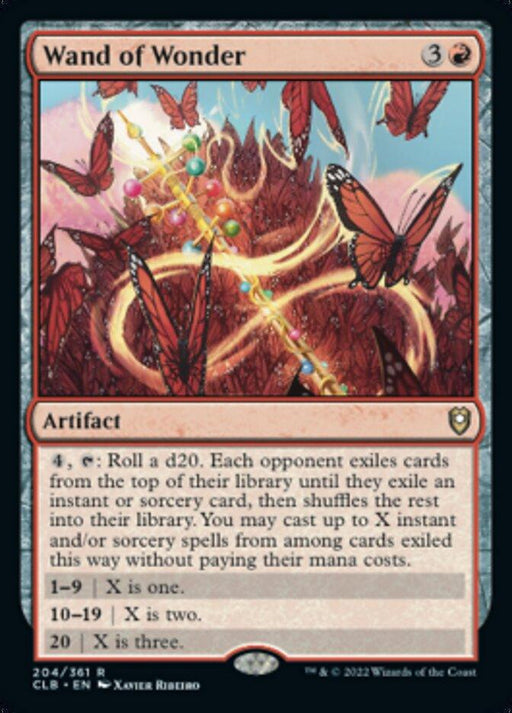 A Magic: The Gathering card titled "Wand of Wonder [Commander Legends: Battle for Baldur's Gate]." The image depicts a wand emitting a golden spiral with vibrant butterflies around it. This rare artifact, featured in Commander Legends: Battle for Baldur's Gate, involves rolling a d20 and exiling cards. The card has a red and black color scheme.
