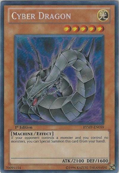 A Yu-Gi-Oh! Secret Rare 1st Edition trading card titled "Cyber Dragon [RYMP-EN059] Secret Rare," features a mechanical serpentine dragon with blue and silver metallic body segments. An Effect Monster from the Ra Yellow Mega Pack, it can be summoned if the opponent has monsters and the player does not. It boasts ATK 2100, DEF 1600, and code RYMP-EN059.