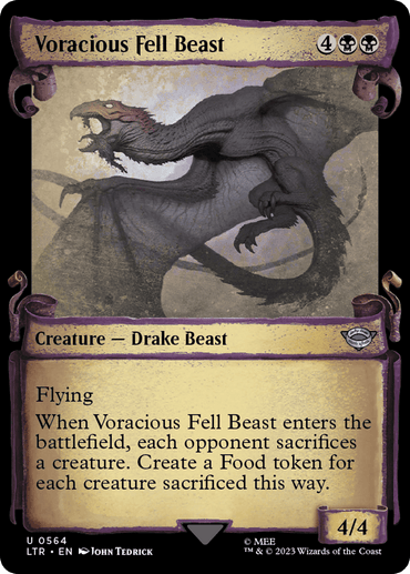 The Magic: The Gathering card titled "Voracious Fell Beast [The Lord of the Rings: Tales of Middle-Earth Showcase Scrolls]" costs four generic and two black mana. It is a 4/4 flying Creature — Drake Beast, featuring artwork of a dark, winged drake in mid-flight. This card possesses a triggered ability that causes opponents to sacrifice creatures and generate Food tokens.