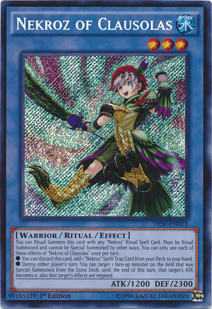 The image is a Yu-Gi-Oh! trading card named "Nekroz of Clausolas [THSF-EN013] Secret Rare," featuring an armored character with red hair, holding a spear, surrounded by a holographic shine. The card's blue text at the top and the detailed effects section below complement its impressive attack and defense points.