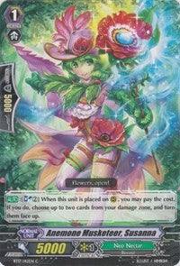 An anime-style character card from a trading card game. The character, named Anemone Musketeer, Susanna (BT17/142EN) [Blazing Perdition ver.E], is depicted as a female warrior from the Neo Nectar clan, wearing a green outfit with floral elements and a large red flower hat. The card shows her attack power of "5000" and includes game text for special abilities. This product is available from Bushiroad.
