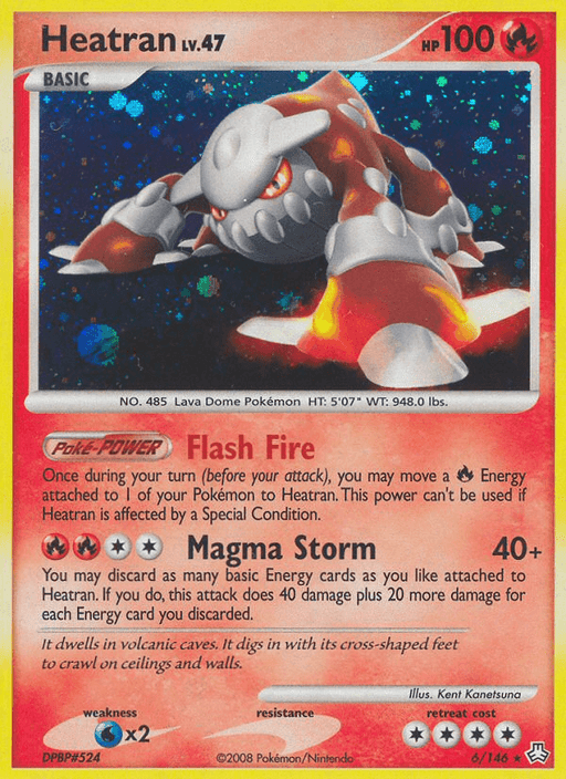 An image of a Heatran (6/146) [Diamond & Pearl: Legends Awakened] from Pokémon. This Holo Rare card features Heatran, a gray and orange armored creature with glowing eyes, surrounded by flames. The card includes details such as its HP (100), abilities (Flash Fire and Magma Storm), and is marked as 6/146.