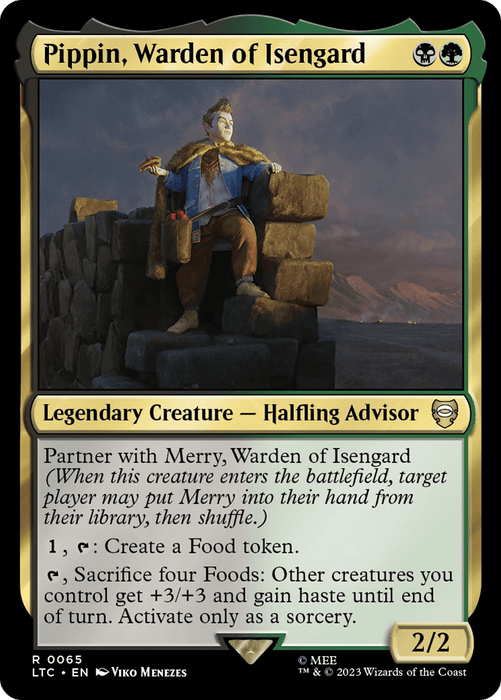 A Magic: The Gathering card from "The Lord of the Rings: Tales of Middle-Earth Commander," featuring "Pippin, Warden of Isengard," a Legendary Creature — Halfling Advisor. Pippin stands on a stone wall, holding up a glowing object. The card text includes abilities to create Food tokens and grant +3/+3 to other creatures, with 2/2 power and toughness.