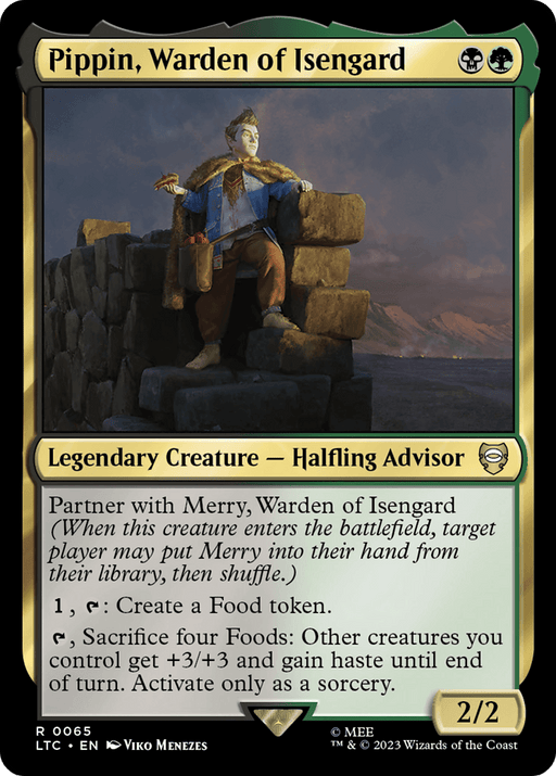 A Magic: The Gathering card from "The Lord of the Rings: Tales of Middle-Earth Commander," featuring "Pippin, Warden of Isengard," a Legendary Creature — Halfling Advisor. Pippin stands on a stone wall, holding up a glowing object. The card text includes abilities to create Food tokens and grant +3/+3 to other creatures, with 2/2 power and toughness.