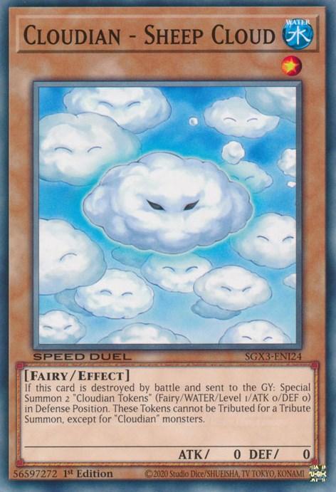 A Yu-Gi-Oh! trading card named "Cloudian - Sheep Cloud [SGX3-ENI24] Common." The illustration depicts fluffy, sheep-like clouds with serene faces and small wings against a blue sky. This Effect Monster is of fairy type with no attack or defense points and has an effect description for summoning "Cloudian Tokens.