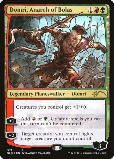 A Magic: The Gathering card featuring "Domri, Anarch of Bolas (Stained Glass)" from Secret Lair Drop Promos. The art showcases Domri, a muscular and determined figure wielding a massive weapon in a chaotic setting. With red, green, and colorless mana symbols, the card enhances creature spells and can attack enemy units.