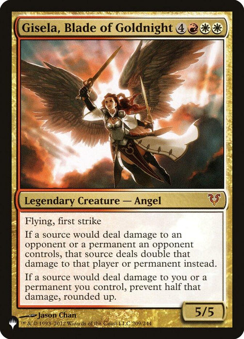 Image of a Magic: The Gathering card "Gisela, Blade of Goldnight [The List]." This mythic legendary creature card depicts an angel with outstretched wings holding a flaming sword. With a mana cost of 4 colorless, 1 red, and 2 white, it boasts abilities like flying, first strike, double damage to opponents, and halved damage to you.