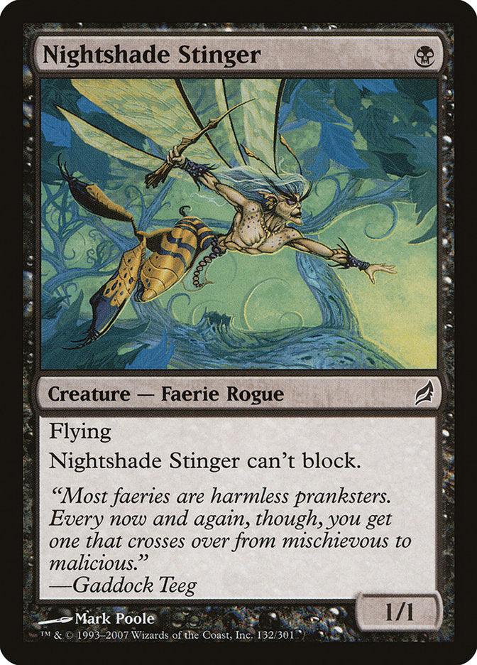 The Magic: The Gathering card titled "Nightshade Stinger [Lorwyn]" features a Faerie Rogue with delicate wings soaring through a dark, eerie landscape. It reads: "Flying. Nightshade Stinger can't block." Gaddock Teeg’s quote and Mark Poole's artwork complete the haunting scene.