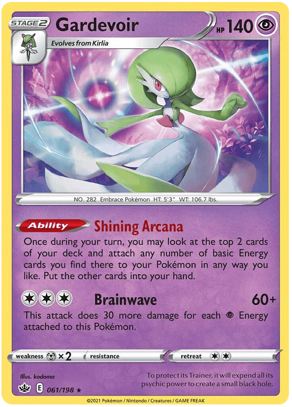 A Holo Rare Pokémon trading card from the Sword & Shield: Chilling Reign series featuring Gardevoir. The card includes its name, Gardevoir (061/198) [Sword & Shield: Chilling Reign], with 140 HP in the top right. Gardevoir, a Psychic-type, is depicted with a serene expression in a mystical, glowing background. It boasts an Ability called 