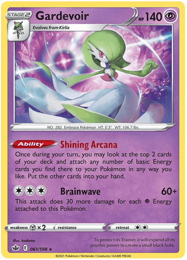 A Holo Rare Pokémon trading card from the Sword & Shield: Chilling Reign series featuring Gardevoir. The card includes its name, Gardevoir (061/198) [Sword & Shield: Chilling Reign], with 140 HP in the top right. Gardevoir, a Psychic-type, is depicted with a serene expression in a mystical, glowing background. It boasts an Ability called "Shining Arcana" and an attack named "Brain by Pokémon.