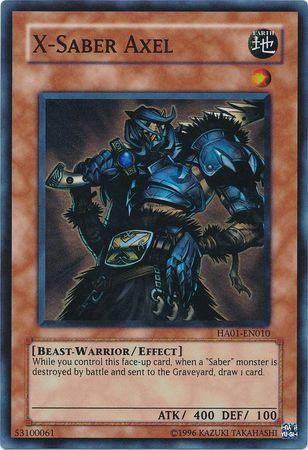 The Yu-Gi-Oh! X-Saber Axel [HA01-EN010] Super Rare trading card features a beast-warrior clad in blue and black armor with a bear pelt, wielding a large double-edged axe. This Earth Effect Monster boasts 400 ATK, 100 DEF, and an ability that triggers a draw when a 'Saber' monster is destroyed.