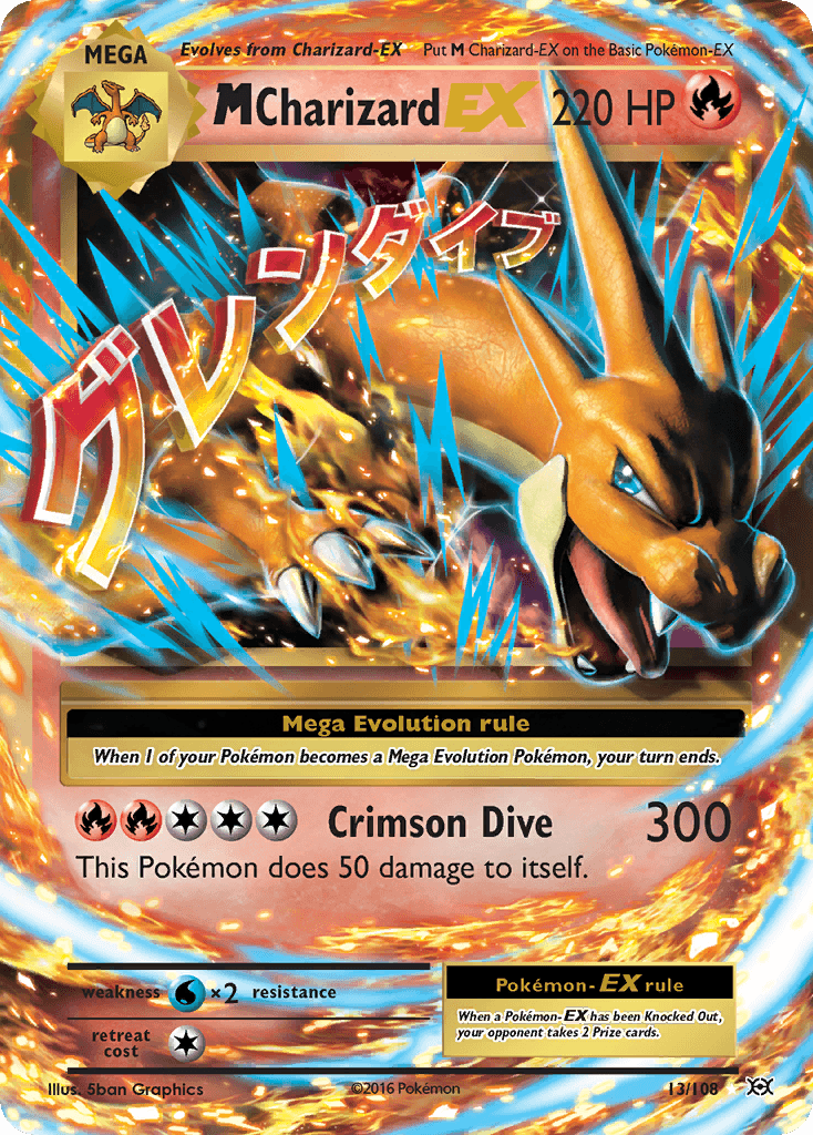 A Pokémon trading card depicts M Charizard EX (13/108) [XY: Evolutions] with 220 HP. As a Fire Type, Charizard is mid-flight, surrounded by flames. The card features an attack called 