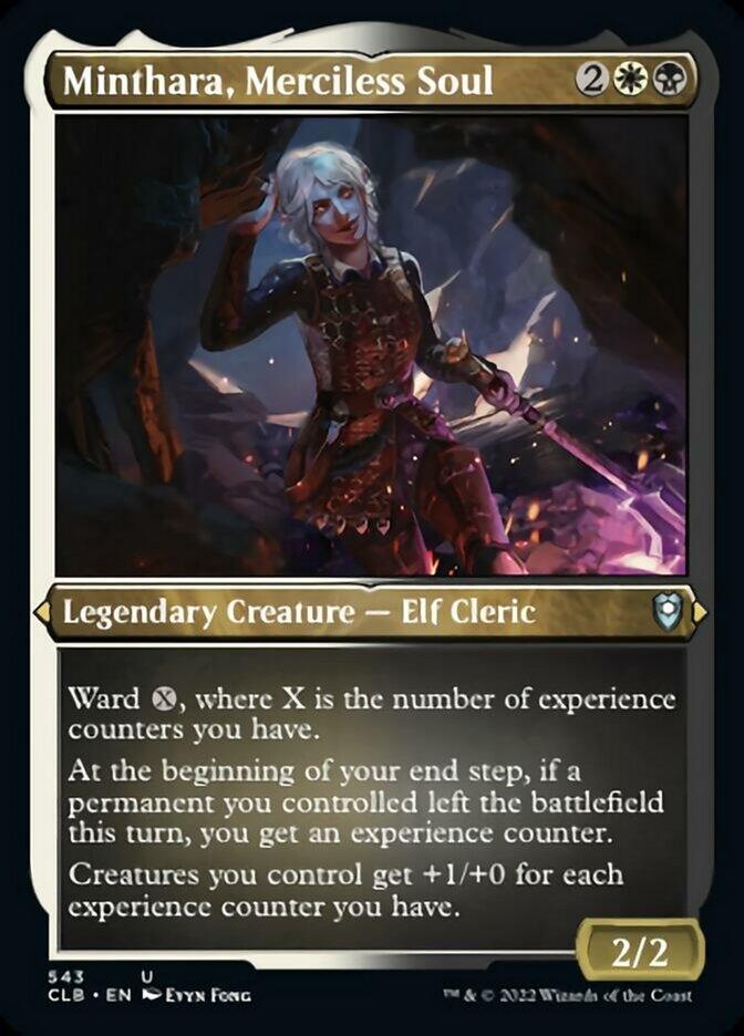 A Magic: The Gathering card titled "Minthara, Merciless Soul (Foil Etched) [Commander Legends: Battle for Baldur's Gate]" from the Commander Legends: Battle for Baldur's Gate set features an Elf Cleric with white hair in a vibrant magical scene. The card has a casting cost of 2 white and 2 black mana, a 2/2 power-toughness, and abilities including "Ward X," experience counters, and boosting creature stats.