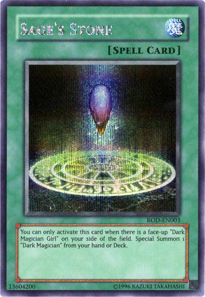 The image showcases a Secret Rare Yu-Gi-Oh! spell card, "Sage's Stone (Reshef of Destruction) [ROD-EN003]," featuring a holographic effect. In the artwork, a mystical stone floats over a magical circle, with card text detailing its relation to "Dark Magician Girl" and "Dark Magician." The card is encased in a vibrantly green border.