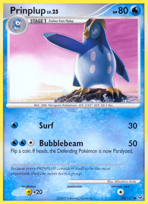 A Pokémon Prinplup (59/127) [Platinum: Base Set] from the Platinum series featuring Prinplup, a penguin-like creature with blue and white feathers, standing with one wing raised. The card has yellow borders and detailed game stats: HP 80, moves Surf and Bubblebeam, and a description of the Water-type Pokémon’s behavior. Card number 59/127.