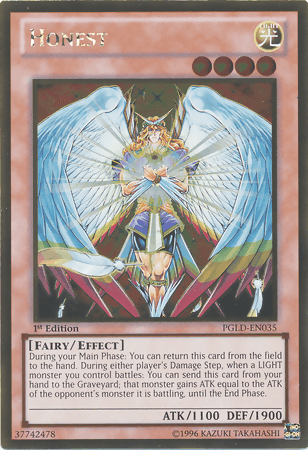 The image shows a Yu-Gi-Oh! Gold Rare trading card named "Honest [PGLD-EN035] Gold Rare." It belongs to the 1st Edition series, card number PGLD-EN035. The card features an angelic figure with white wings, holding a glowing sword and wearing golden armor. This LIGHT monster has ATK/1100 and DEF/1900 with a Fairy/Effect type.