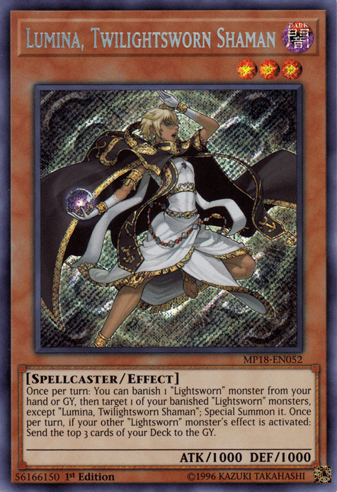 Image of the *Lumina, Twilightsworn Shaman [MP18-EN052] Secret Rare* Yu-Gi-Oh! trading card. This Secret Rare from the 2018 Mega-Tins features a spellcaster in flowing white and black robes with gold accents, striking a dramatic pose with an extended staff casting a spell. The card has 1000 ATK and DEF, labelled MP18-EN052.