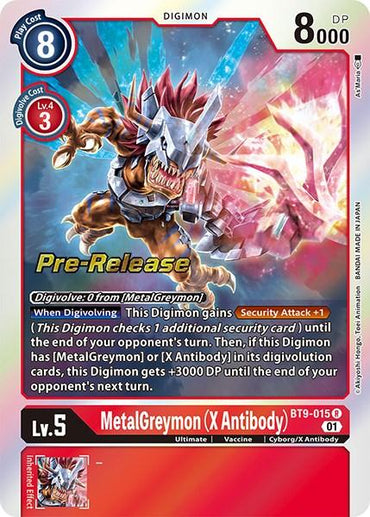 Here's a rewritten version of the sentence:

A Digimon trading card named "MetalGreymon (X Antibody) [BT9-015]" from the X Record Pre-Release Promos, featuring an armored, dragon-like creature with a metal arm. The card has a play cost of 8 and 8000 DP, boasts a red and silver color scheme, includes text on its abilities and evolution stage, is marked as "Pre-Release," and is classified as "Lv. 5".