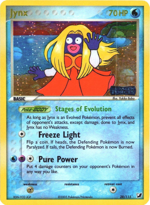 A rare Pokémon trading card featuring Jynx with 70 HP from the Water type. The Pokémon Jynx (28/115) (Stamped) [EX: Unseen Forces], showcases Jynx with yellow hair, a red dress, and large pink lips. Its moves include "Freeze Light" and "Pure Power." Details of weaknesses, resistance, and retreat cost are included.