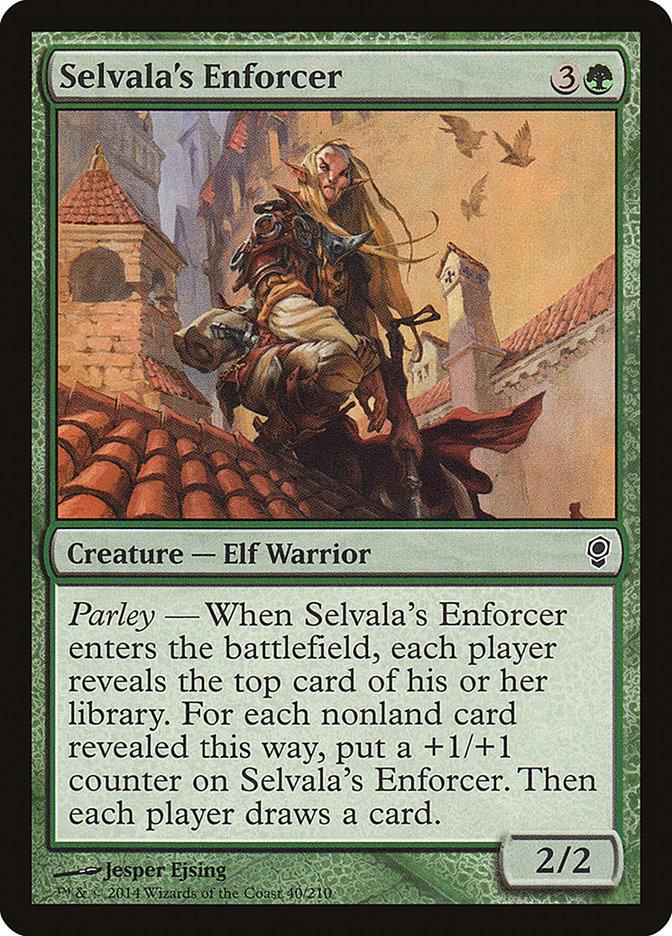 An illustration of the "Selvala's Enforcer" card from Magic: The Gathering depicts a dynamic Elf Warrior standing atop a rooftop, surveying a medieval town. The text highlights card abilities such as "Parley" and the collection of +1/+1 counters. This green card from the Conspiracy set has a casting cost of 3G and features a power/toughness rating of 2/2.