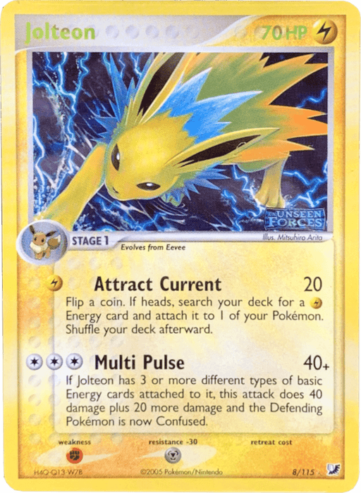 A Pokémon Holo Rare trading card of Jolteon (8/115) (Stamped) [EX: Unseen Forces]. Jolteon, with a glowing yellow body and sharp features, is surrounded by lightning sparks. The card showcases its attacks: Attract Current and Multi Pulse. With 70 HP, it's a Stage 1 Electric type that evolves from Eevee.