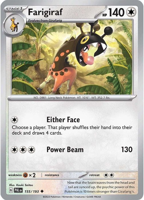 A Pokémon trading card from the Scarlet & Violet series featuring Farigiraf (155/193) [Scarlet & Violet: Paldea Evolved] with 140 HP. Farigiraf, depicted as a giraffe-like creature with a cartoonish expression and psychic-themed aesthetics, stands in a forest. The Colorless card includes two abilities: "Either Face" and "Power Beam," which deals 130 damage. Texts and stats are displayed.