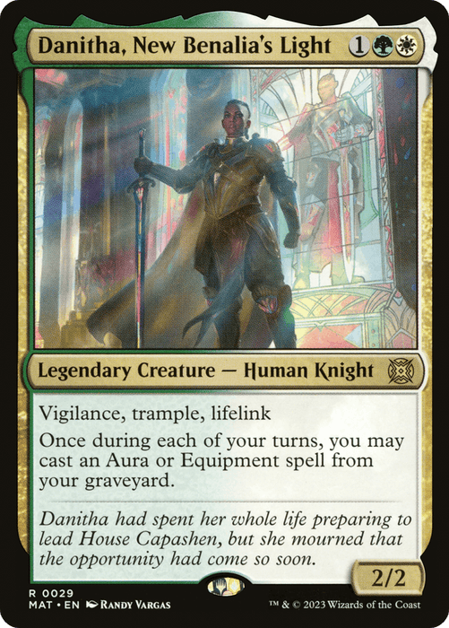 A legendary creature Magic: The Gathering card titled "Danitha, New Benalia's Light [March of the Machine: The Aftermath]." It depicts a human knight in armor standing with a sword against stained glass windows. With a mana cost of 1 green, 1 white, and 1 colorless, this 2/2 creature has vigilance, trample, and lifelink.