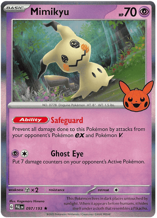 A Pokémon Mimikyu (097/193) [Trick or Trade 2023] from Trick or Trade 2023. The Promo card has 70 HP and is of Psychic type. Mimikyu is illustrated with a Pikachu-like disguise and a shadowy figure. Its abilities include 'Safeguard' to prevent damage from Pokémon EX and V, and an attack called 'Ghost Eye.' The card's details and artist's name are