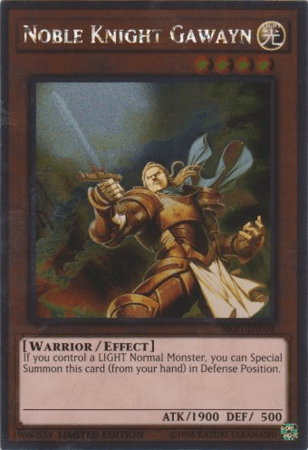 Yu-Gi-Oh! trading card titled "Noble Knight Gawayn [NKRT-EN004] Platinum Rare," an Effect Monster adorned in golden armor holding a shining sword. The Platinum Rare card displays the attack (ATK) value of 1900 and defense (DEF) value of 500. The background showcases the warrior amidst a radiant landscape, epitomizing the Noble Knights.