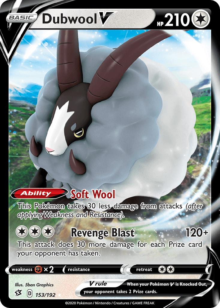 A Pokémon Dubwool V (153/192) [Sword & Shield: Rebel Clash] card from the Sword & Shield Rebel Clash series, featuring Dubwool with dark horns and a fluffy white and gray wool coat. This Ultra Rare card lists the ability 