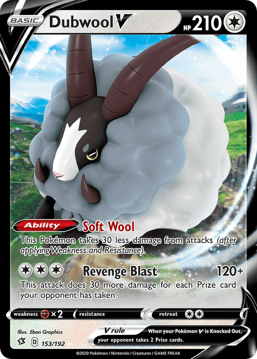 A Pokémon Dubwool V (153/192) [Sword & Shield: Rebel Clash] card from the Sword & Shield Rebel Clash series, featuring Dubwool with dark horns and a fluffy white and gray wool coat. This Ultra Rare card lists the ability "Soft Wool," reducing damage taken by 30, and the attack "Revenge Blast," dealing 120+ damage based on opponent's prize cards. HP is 210, and it's card