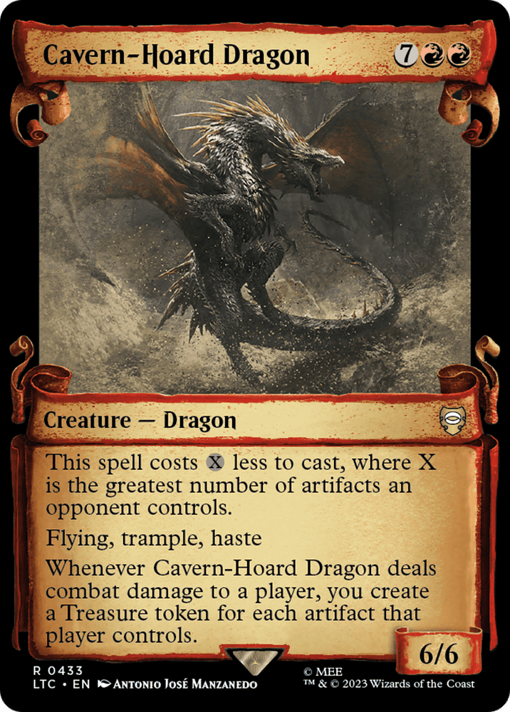 A Magic: The Gathering card titled "Cavern-Hoard Dragon [The Lord of the Rings: Tales of Middle-Earth Commander Showcase Scrolls]." It's a 7/5 red creature with flying, trample, and haste. The card allows for its casting cost to be reduced and generates Treasure tokens when dealing combat damage to a player. Evoking the grandeur of The Lord of the Rings, the background features an illustration of a fierce dragon.