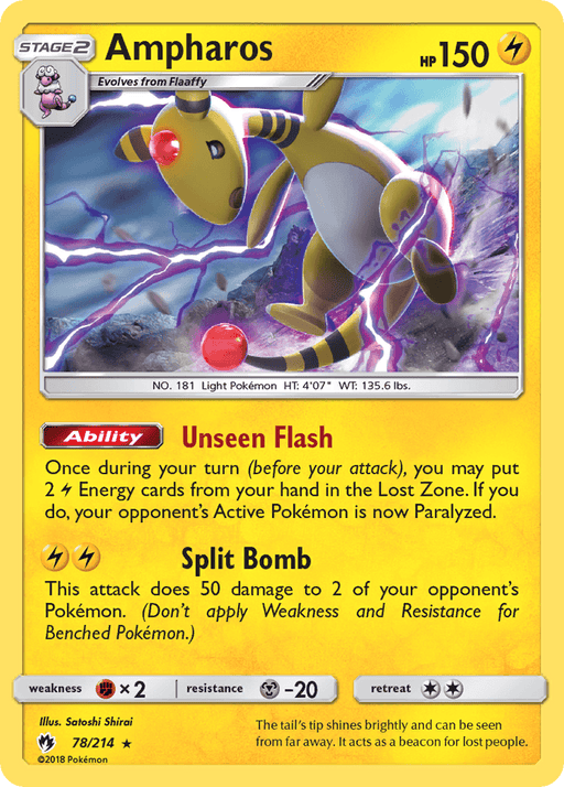 Image of a Pokémon trading card featuring Ampharos (78/214) [Sun & Moon: Lost Thunder] from Pokémon. The Holo Rare card has a yellow and silver border, with Lightning-type Ampharos, a yellow bipedal Pokémon with black stripes, on the front. It has 150 HP, an Ability called "Unseen Flash," and an attack called "Split Bomb." The card is illustrated by Satoshi