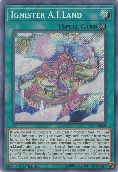 A Yu-Gi-Oh! trading card titled "Ignister A.I.Land [IGAS-EN050] Secret Rare" is a Field Spell illustrated with a colorful, futuristic amusement park scene featuring various domes, towers, and vibrant lights. The card's text details special summoning conditions and effects for "Ignister" Cyberse monsters.