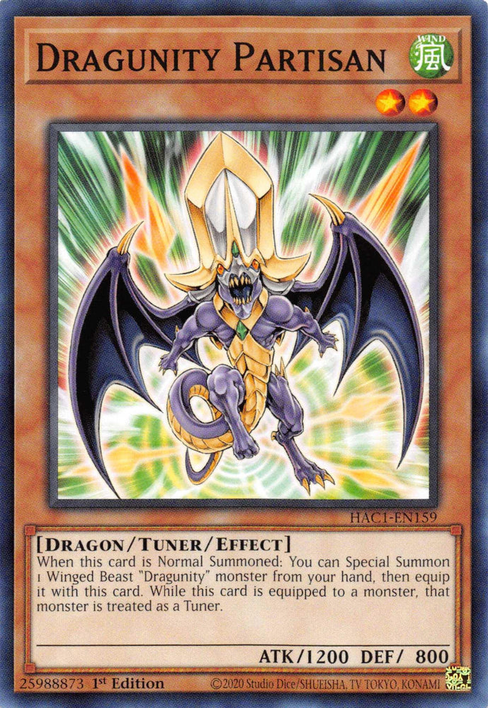 Image of a Dragunity Partisan (Duel Terminal) [HAC1-EN159] Parallel Rare Yu-Gi-Oh! trading card from Hidden Arsenal: Chapter 1. The card depicts a Winged Beast-Type Dragunity monster with purple skin, a gold chest plate, sharp claws, and large wings. It wears a distinctive horned helmet. With 2 stars, this WIND Tuner/Effect Monster boasts 1200 attack and 800 defense.