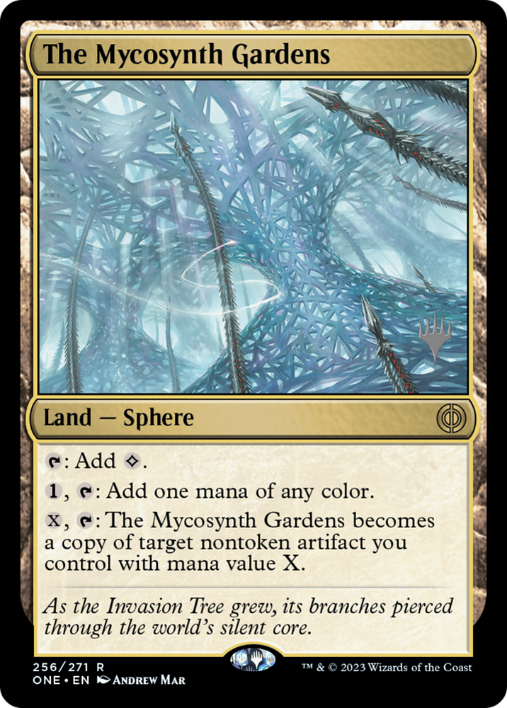 The image showcases "The Mycosynth Gardens (Promo Pack) [Phyrexia: All Will Be One Promos]," a Magic: The Gathering card. This land card can provide colorless mana or transform into a nontoken artifact. The artwork depicts an imaginative landscape in blue hues, featuring intricate and organic structures.