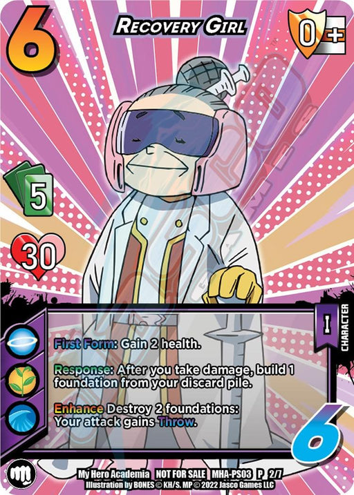 A trading card features Recovery Girl, depicted with white hair, round glasses, and a nurse uniform with a hat. This rare card displays stats: 6 difficulty, 0 control, 5 check, 30 health, and 6 hand size. It includes abilities regarding health gain and foundation management. The product is named Recovery Girl [Crimson Rampage Promos], part of the UniVersus brand.