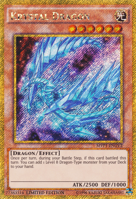 A Yu-Gi-Oh! trading card named "Krystal Dragon [MVP1-ENGV2] Gold Secret Rare," featured as a Gold Secret Rare. The card displays an illustration of a crystalline dragon with a glowing blue body posed majestically. The card’s stats are ATK 2500 and DEF 1000, and its effect allows adding a Level 8 Dragon-Type monster from the deck to the hand if Krystal Dragon battles.