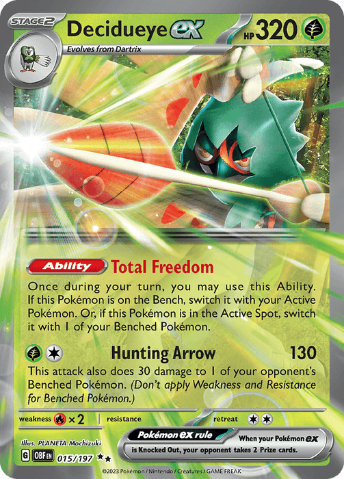 A Pokémon trading card features Decidueye ex (015/197) [Scarlet & Violet: Obsidian Flames]. The card has 320 HP and evolves from Dartrix. It showcases Decidueye in a dynamic pose with an arrow, set against a green-blue background from the Scarlet & Violet series. Abilities "Total Freedom" and "Hunting Arrow," dealing 130 damage, are noted. This Double Rare card is numbered 015/197.