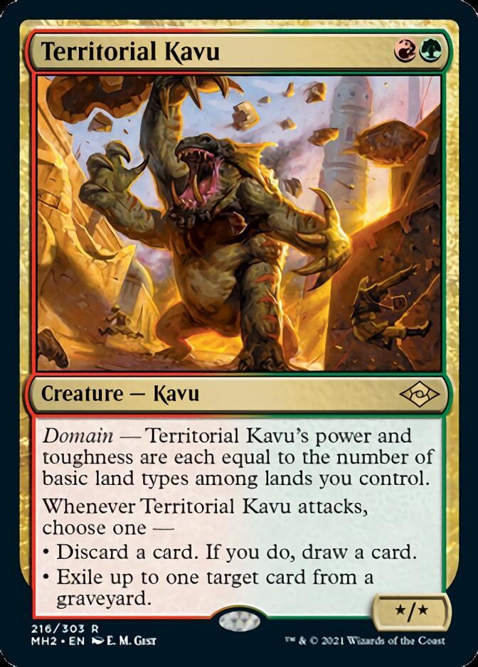 A card from the Magic: The Gathering game, titled "Territorial Kavu [Modern Horizons 2]." Featured in Modern Horizons 2, it has green and red mana symbols at the top right. The creature depicted is a monstrous kavu on hind legs, roaring. It has domain abilities that modify its power and toughness and provide additional effects when it attacks.