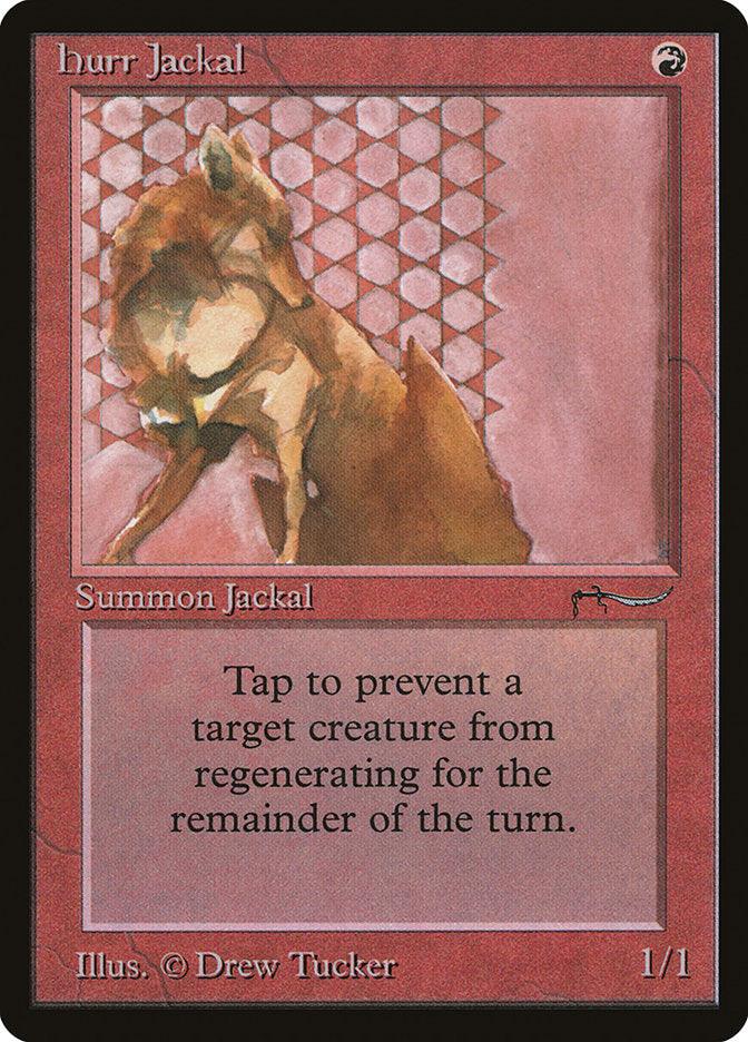 A Magic: The Gathering product named "Hurr Jackal [Arabian Nights]" features a jackal-like creature on a red, patterned background. The card’s text states, "Tap to prevent a target creature from regenerating for the remainder of the turn." Artwork by Drew Tucker.